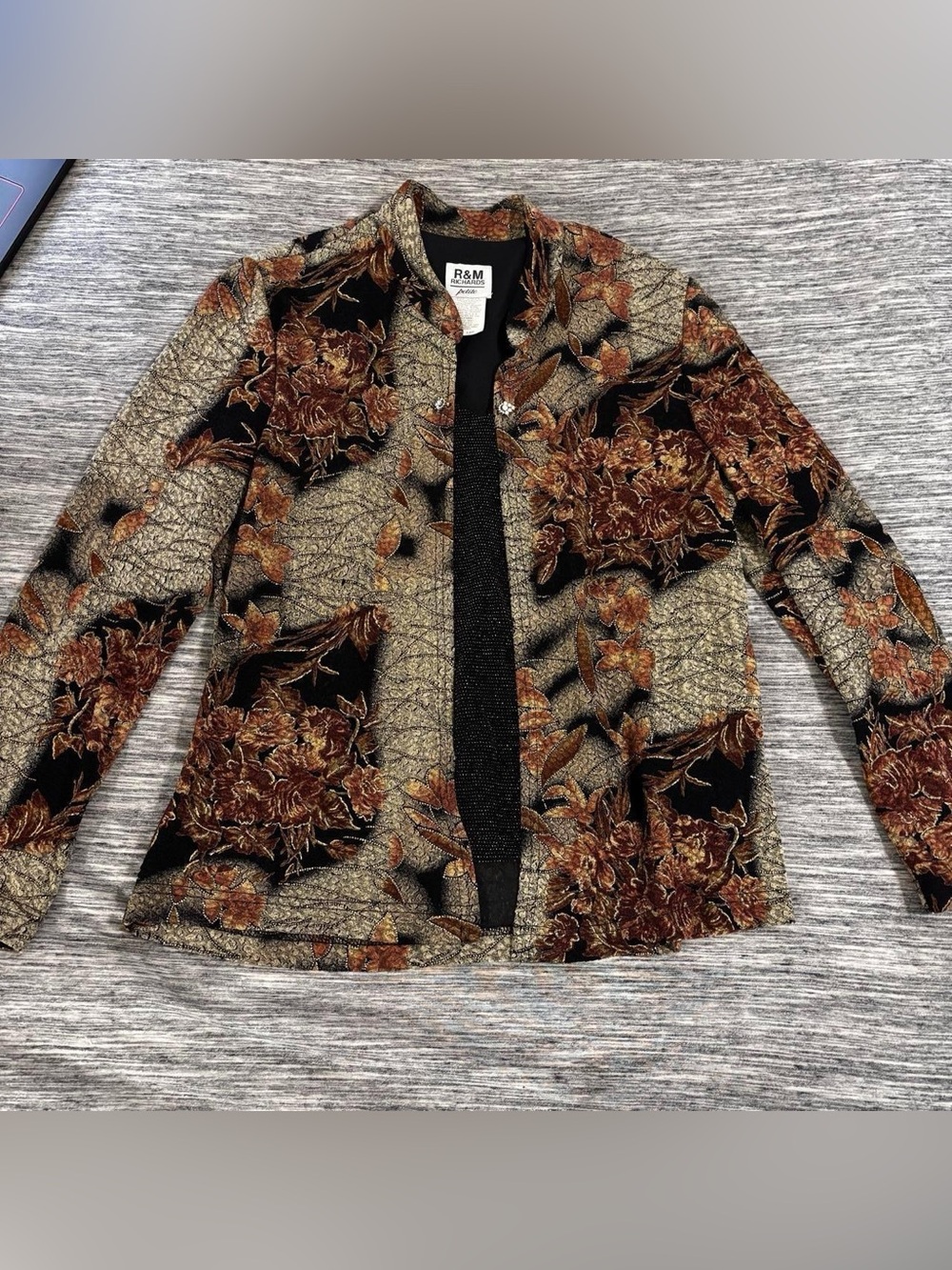 R&M Richards Petite 12P Floral Beaded Hook & Eye Lined Short Jacket
